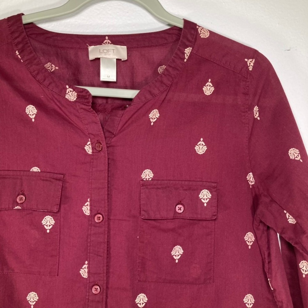 Loft Outlet Burgundy Block Print Floral Henley Blouse Top 411-431531 Mens M